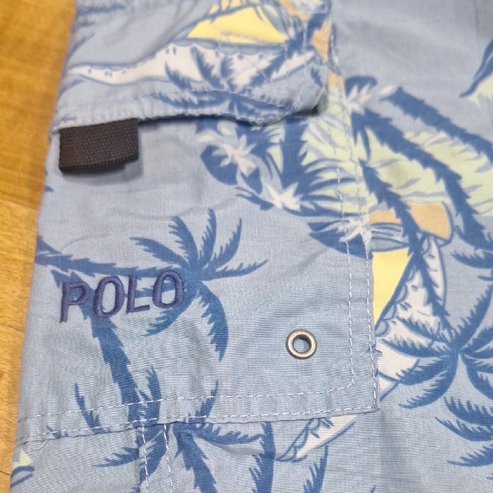 Polo Sport Blue Yellow Tropical Hawaiian Swim Trunks Sz Lg 8" Inseam Beach Surf